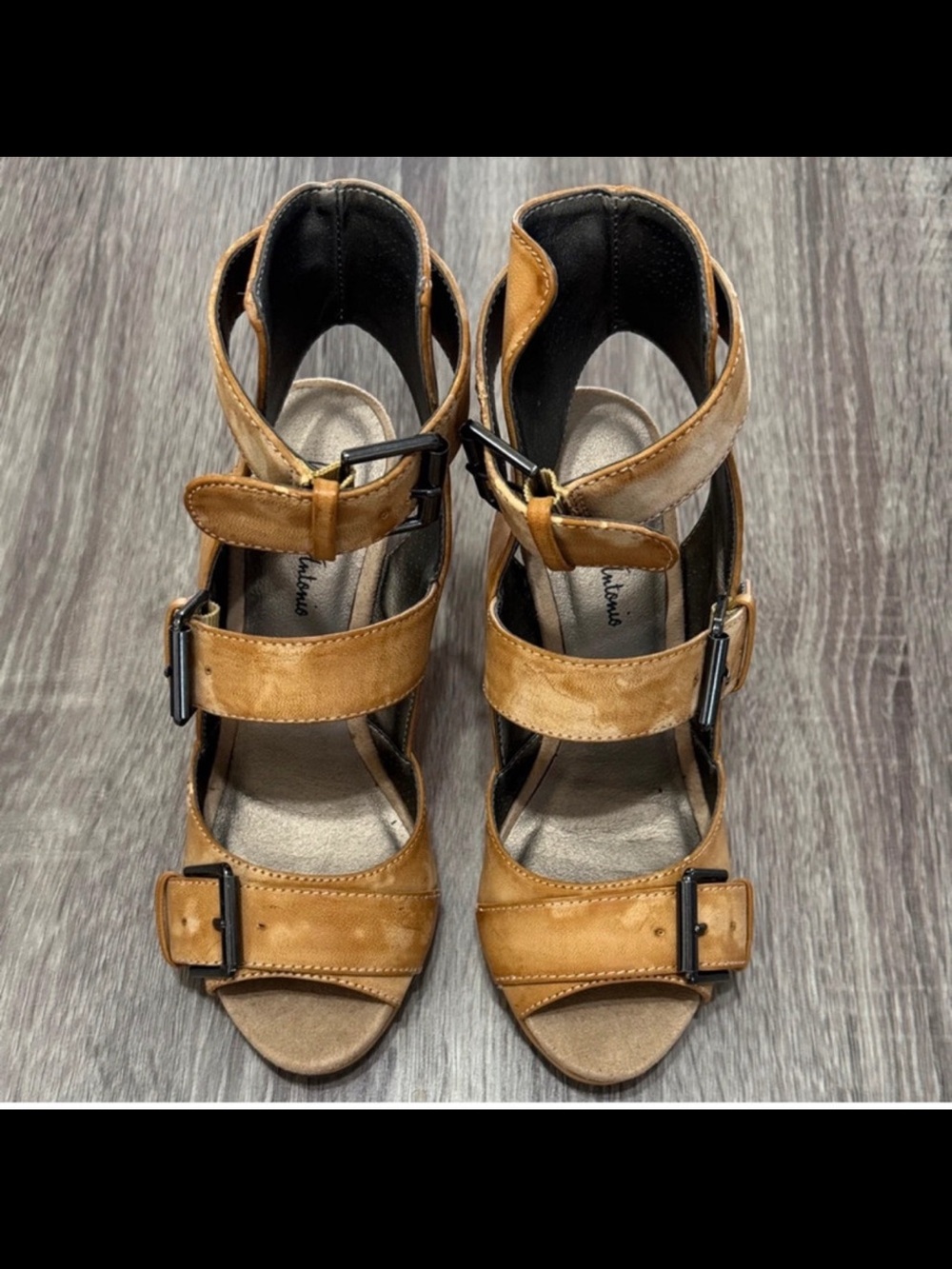 Michael Antonio Tan Multi-Strap Buckle Heeled Sandals